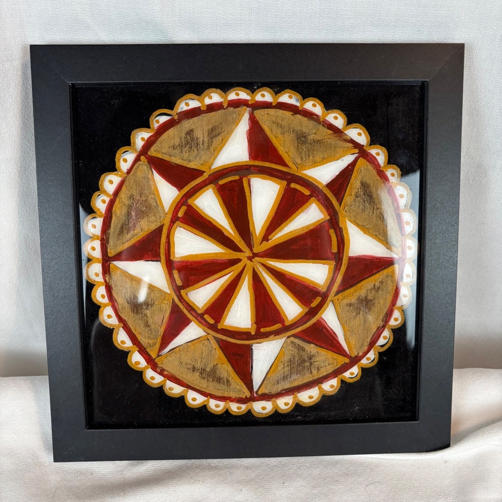 Pennsylvania Dutch Hex Sign Folk Art Framed Painting Red Gold Geometric Mandala